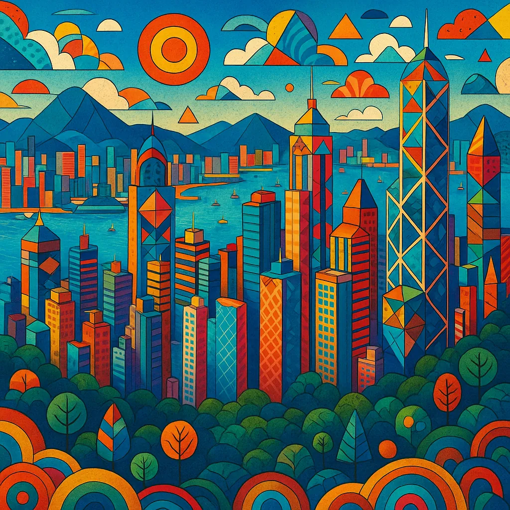 This vibrant illustration of the Hong Kong skyline from Victoria Peak features a colorful, geometric style with bold patterns and shapes.