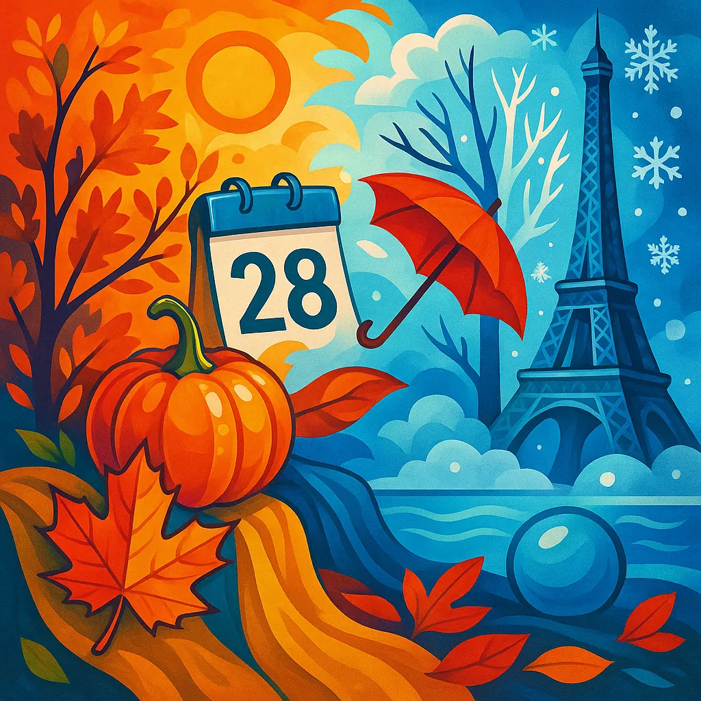 This vibrant image captures the essence of seasonal change on October 28th, blending autumn and winter elements.