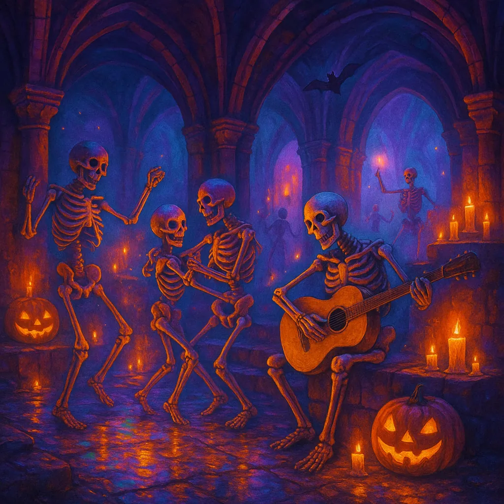A vibrant Halloween-themed image featuring skeletons dancing and playing guitar in a crypt.