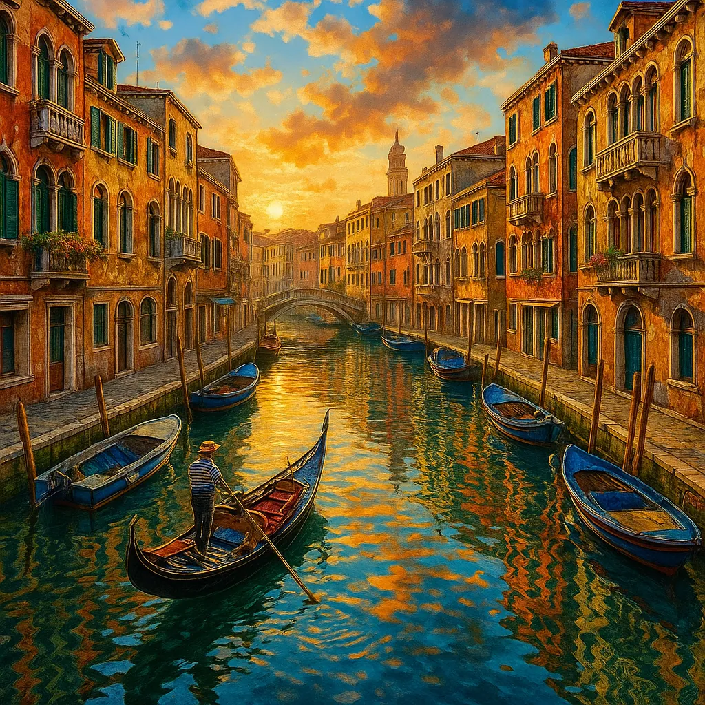 This image features a picturesque view of Venice canals at dawn, with vibrant reflections in the crystal-clear water.