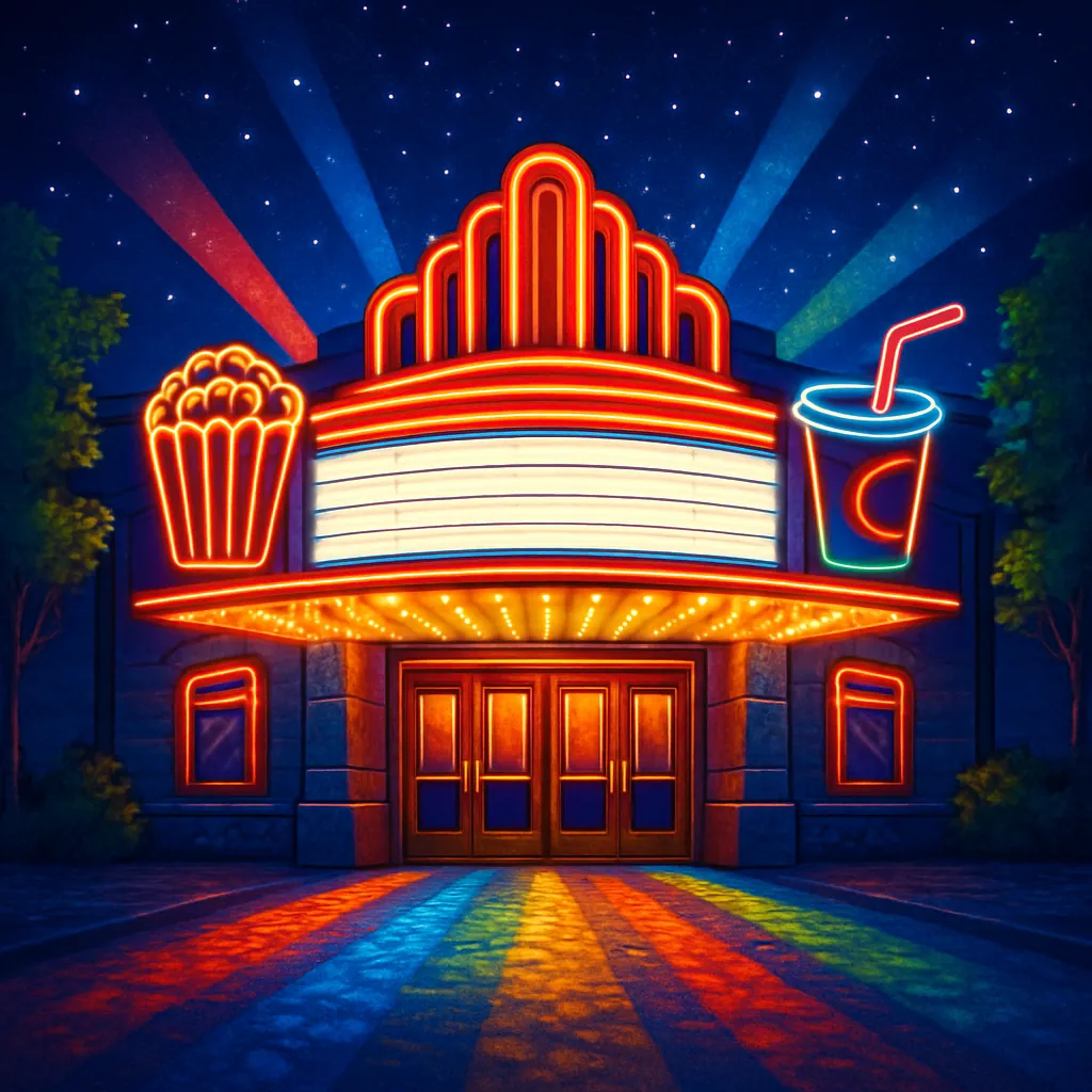 The image depicts a striking cinema marquee illuminated under a starry night sky.