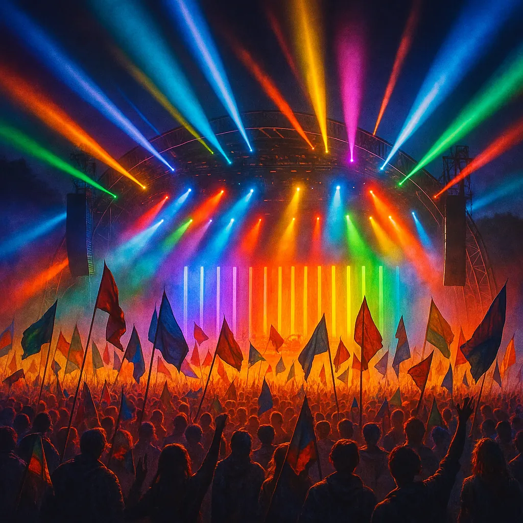 The image captures a dynamic concert scene at night, showcasing a brightly illuminated stage with vibrant rainbow-colored spotlights beaming across the sky.