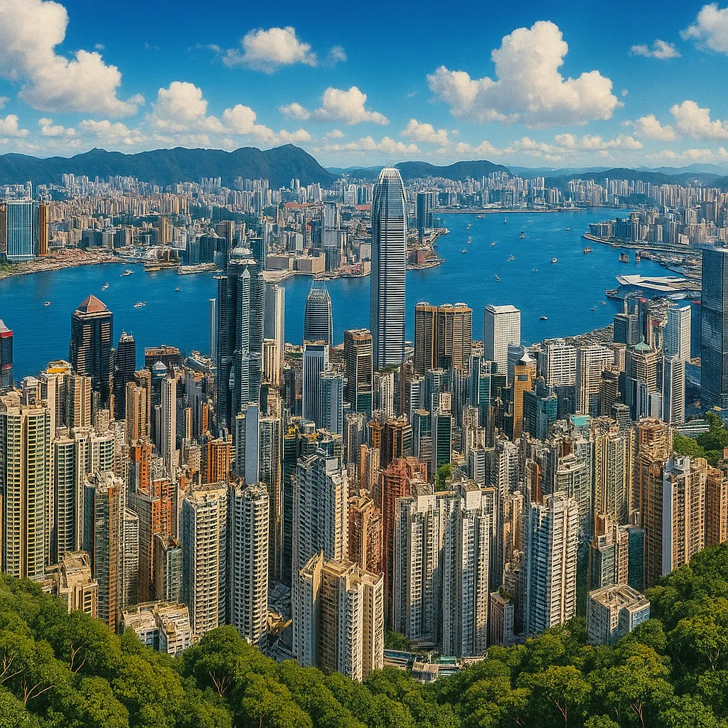 This image captures the stunning Hong Kong skyline from Victoria Peak, showcasing a vibrant urban landscape with towering skyscrapers and a bustling harbor.
