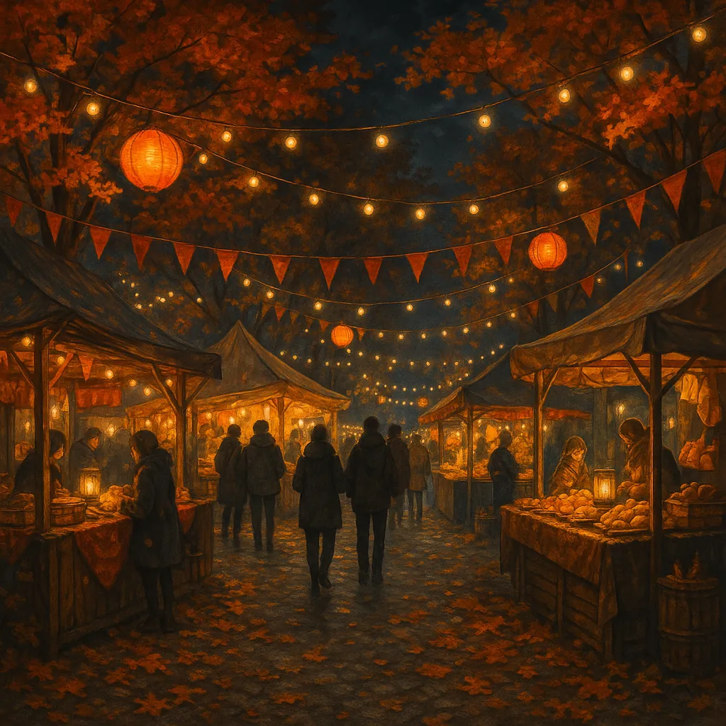 The image depicts a lively nighttime festival market scene filled with vibrant colors and textures.