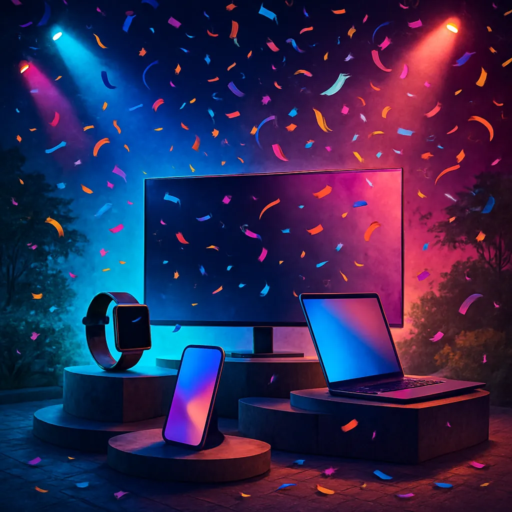 The image depicts a dynamic scene of a tech launch event, featuring a variety of sleek modern gadgets displayed on a stage.