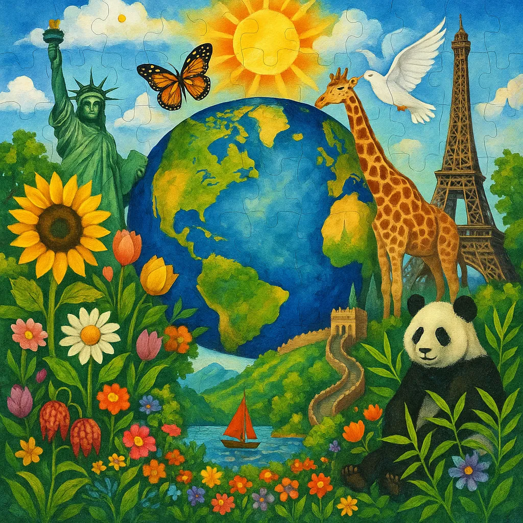 Enjoy assembling a puzzle depicting a bright, whimsical world collage centered on a vivid blue-and-green Earth under a sunny sky.