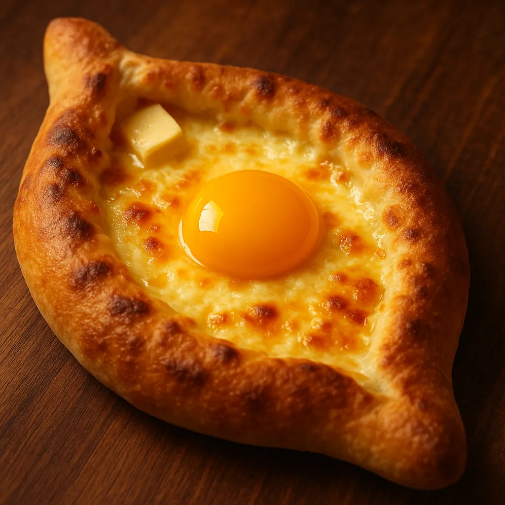 Discover a puzzle with a close-up of a golden khachapuri — a boat-shaped, cheesy bread crowned with a glossy egg yolk and a pat of butter, set on a warm wooden