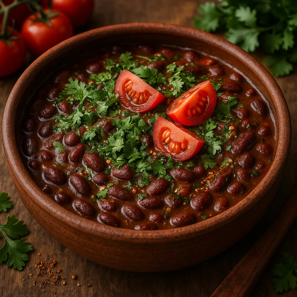 Discover a puzzle with a steaming, rustic bowl of rich tomato-and-bean stew topped with bright cilantro and three glossy tomato wedges, set on a warm wooden tab