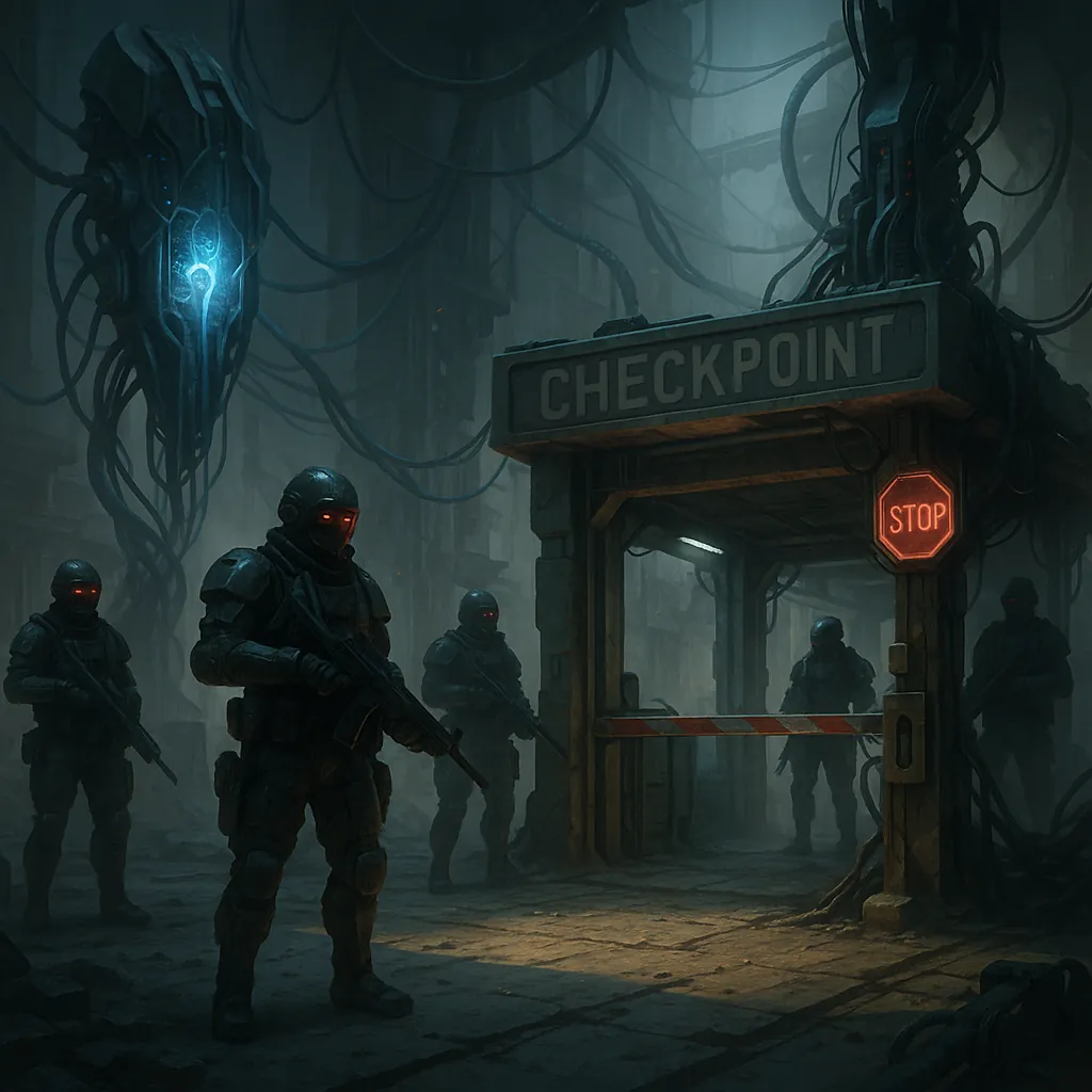 Discover a puzzle with a moody, futuristic checkpoint scene where armored figures with glowing red visors stand watch beneath hanging cables and a hulking senti