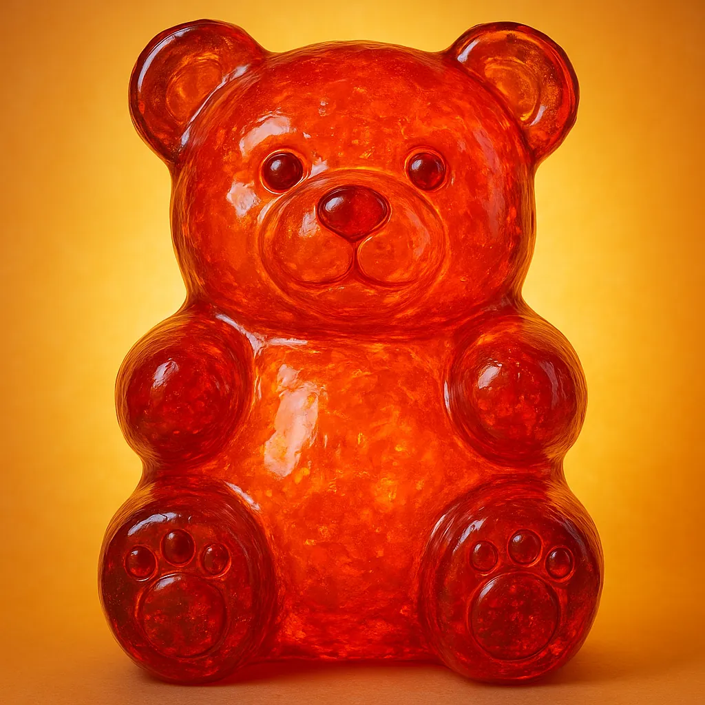 Discover a puzzle with a glossy, oversized orange gummy bear glowing against a warm, honey-toned background on PuzzleFree.Game.
