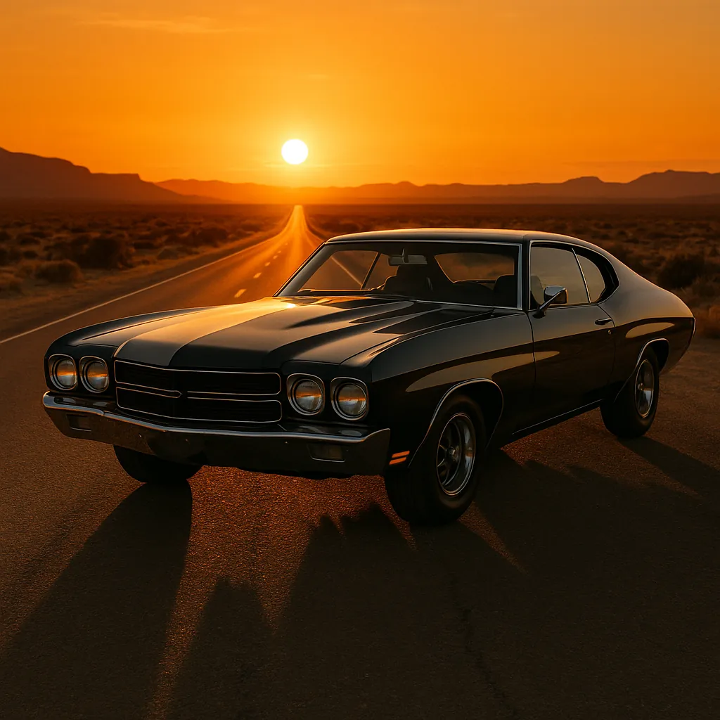Enjoy assembling a puzzle depicting a glossy black classic muscle car parked on an open highway as the sun sinks into a warm, golden desert horizon.