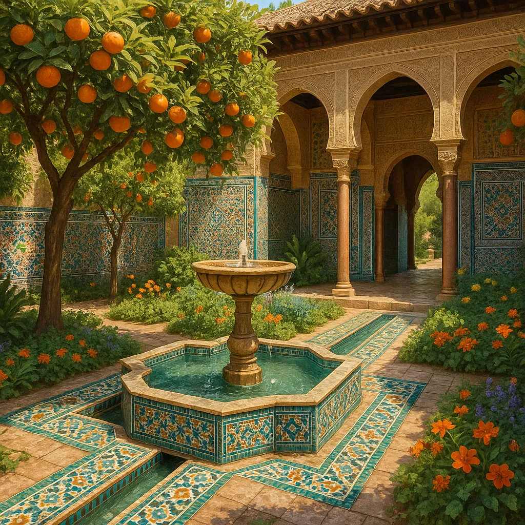 Discover a puzzle with a sunlit Moroccan-style courtyard where a tiled octagonal fountain trickles into turquoise channels, surrounded by fragrant orange trees