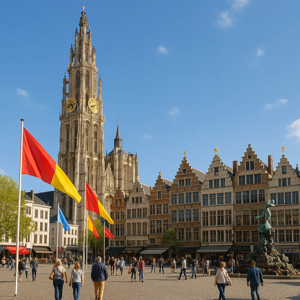 Discover a puzzle with a sunlit historic square framed by a tall, ornate stone tower and a row of stepped-gable buildings bathed in warm golden tones.