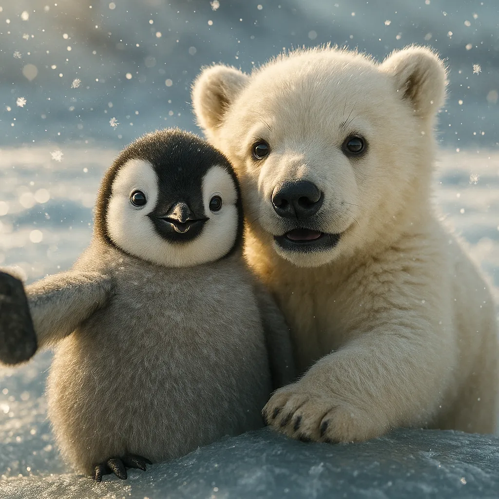 Enjoy assembling a puzzle depicting an adorable penguin chick cuddled up with a fluffy polar bear cub against a soft, snowy Arctic backdrop.