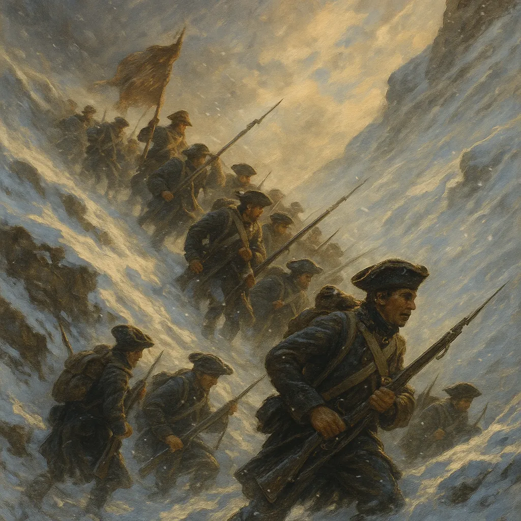Discover a puzzle with a dramatic, snow-swept scene of soldiers marching through a narrow, icy pass.