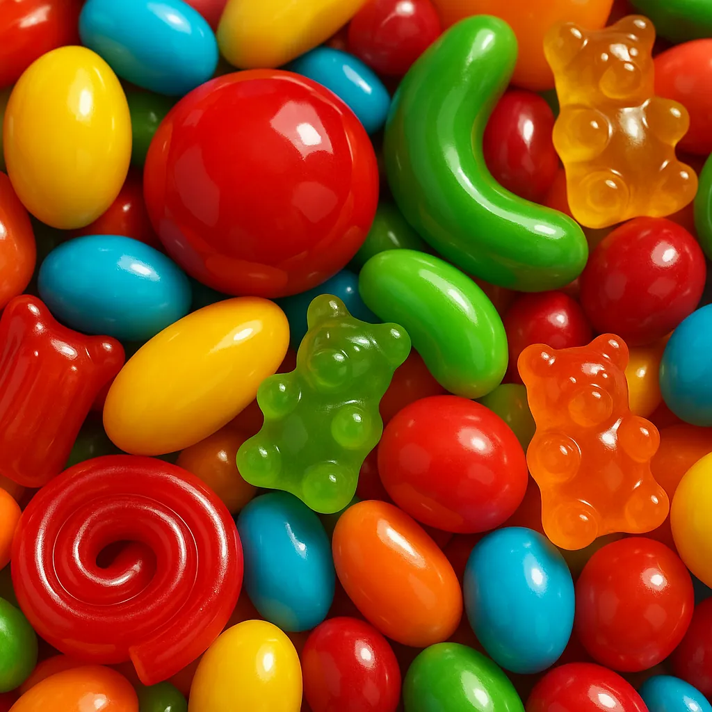 Try solving a puzzle that shows a close-up of colorful candy — glossy red, blue, yellow, green, and orange pieces mixed with shiny chocolate-coated bites and tr