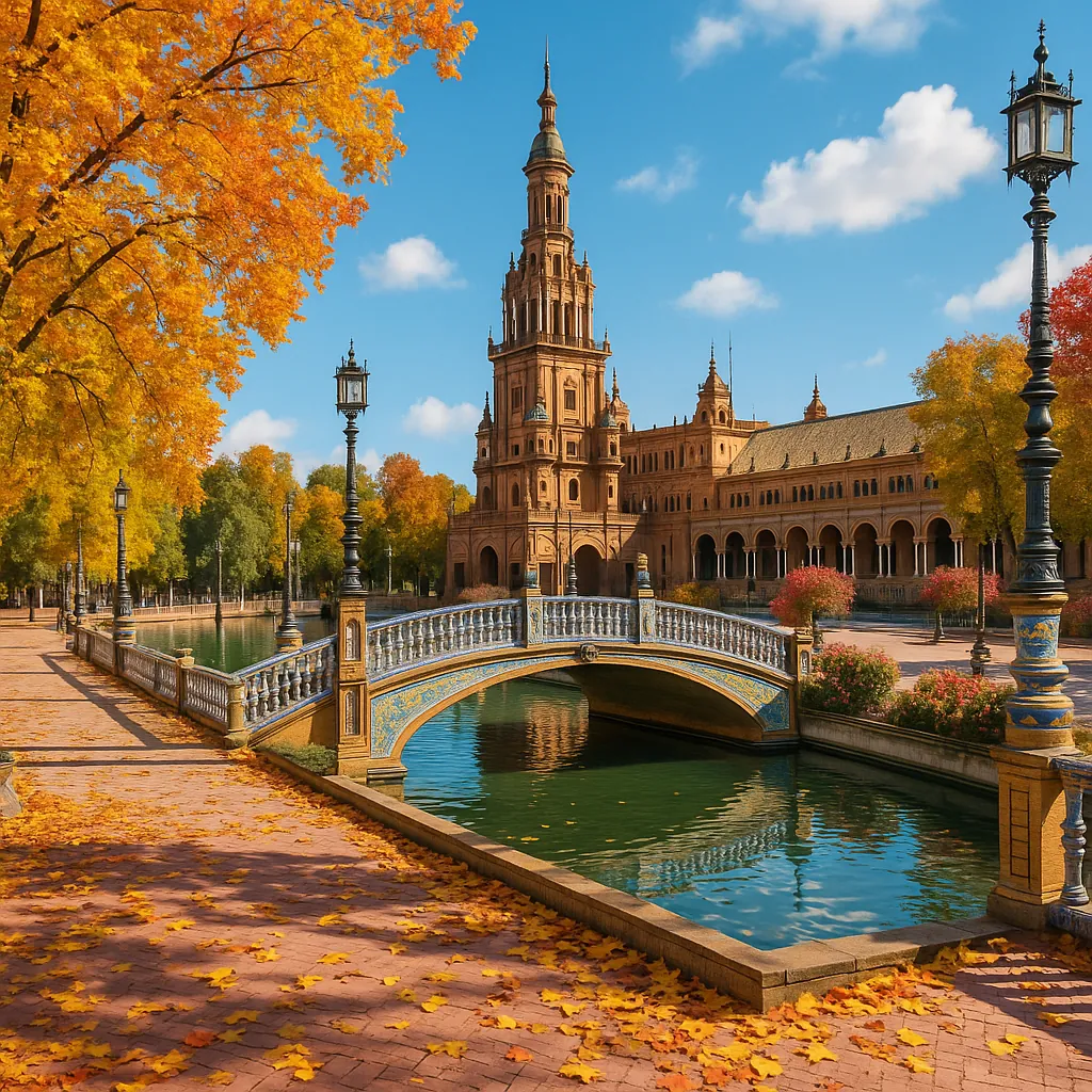 Discover a puzzle with a sunlit autumn scene featuring a graceful arched bridge over a calm canal, framed by golden and orange trees and an elegant, historic-st
