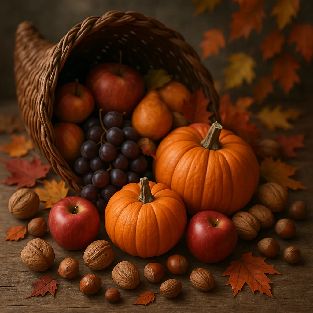 Discover a puzzle with a warm autumn still life showing a wicker cornucopia spilling pumpkins, red apples, pears, deep purple grapes and mixed nuts across a woo