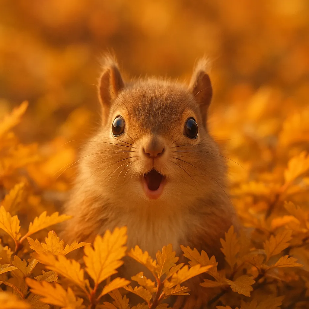 Discover a puzzle with an adorable close-up of a wide-eyed squirrel nestled in a sea of golden-orange autumn leaves.