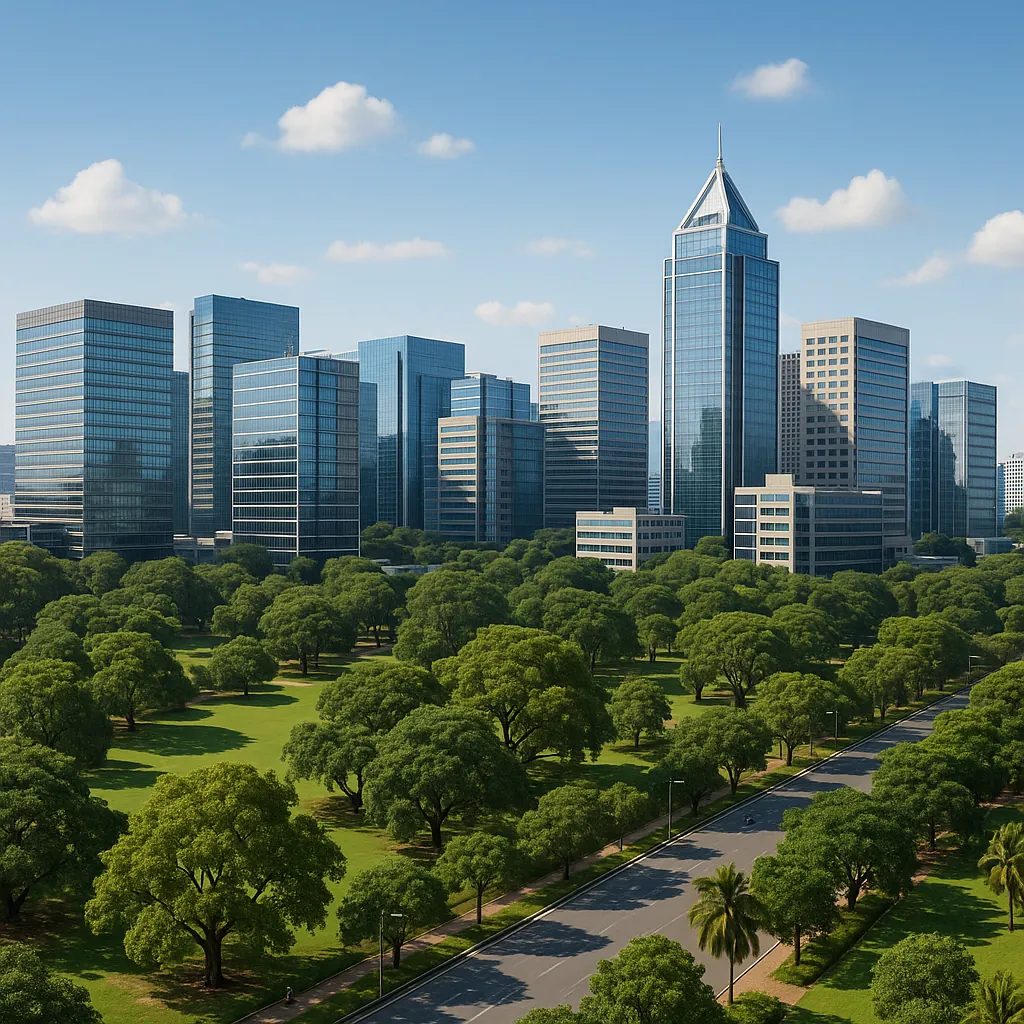 Discover a puzzle with a serene cityscape where gleaming glass skyscrapers rise behind a sprawling, sunlit park.