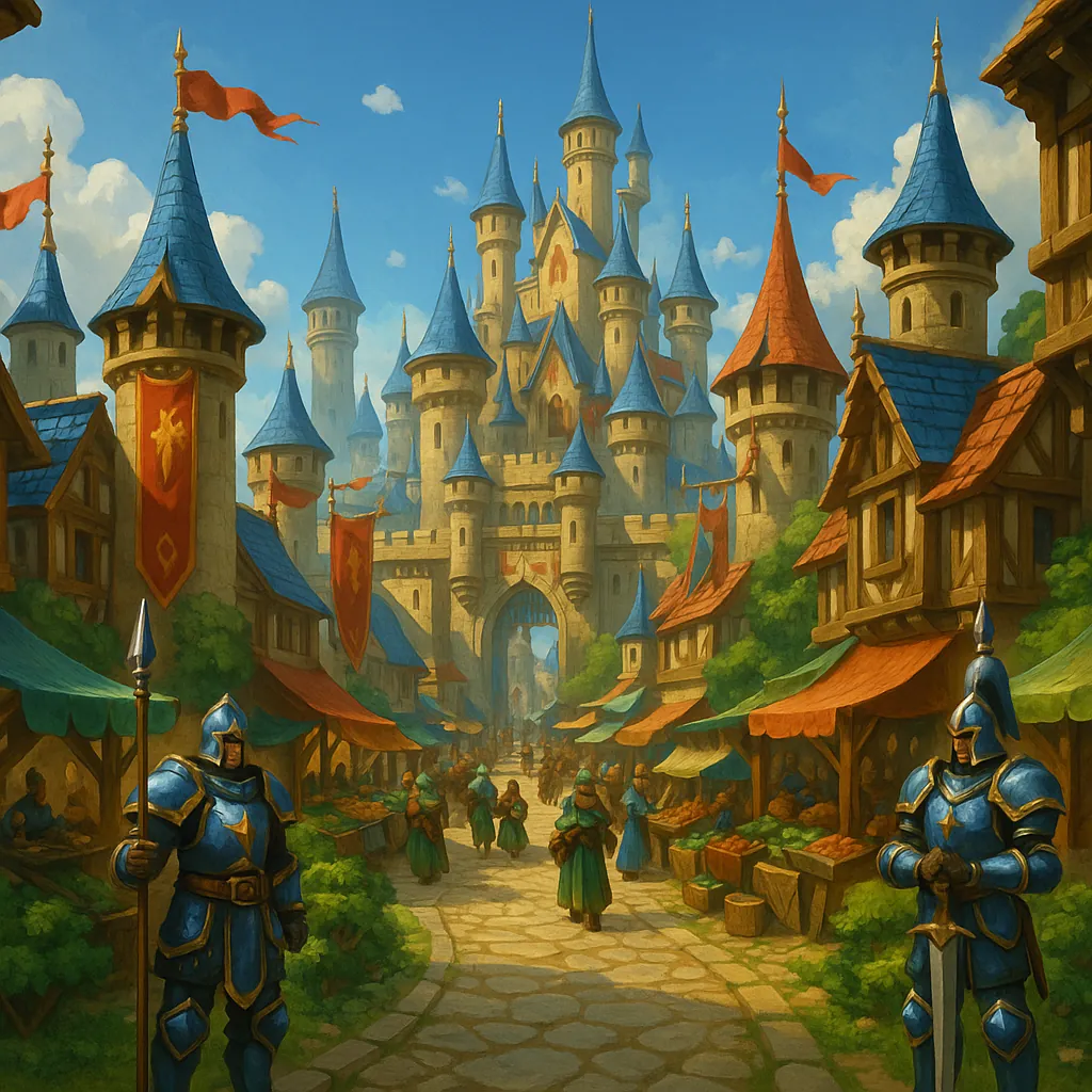 Discover a puzzle with a charming medieval marketplace leading to a grand fairy-tale castle, perfect for PuzzleFree.Game.