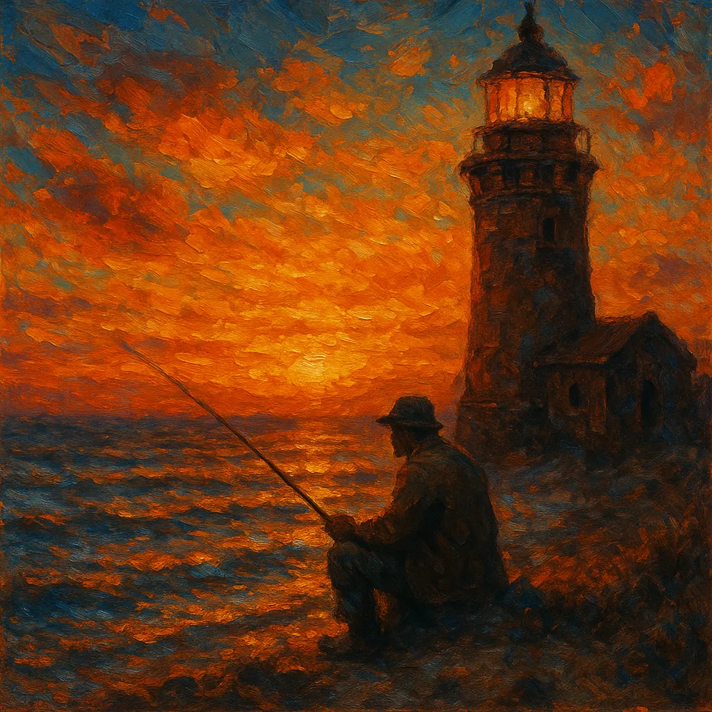 Discover a puzzle with a solitary fisherman seated by a weathered lighthouse at sunset, rendered in a rich digital oil style that celebrates thick impasto strok