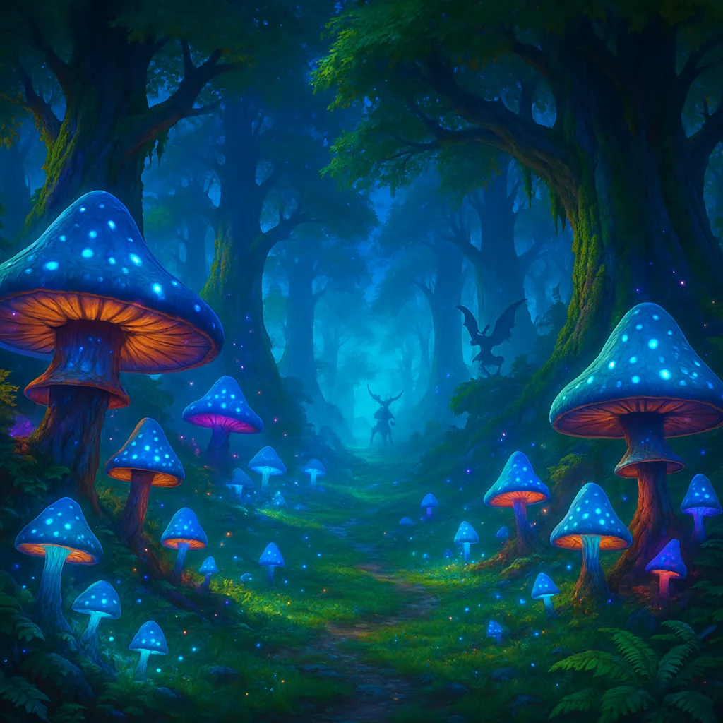 Discover a puzzle with a magical forest scene alive with glowing mushrooms and misty blue-green light.