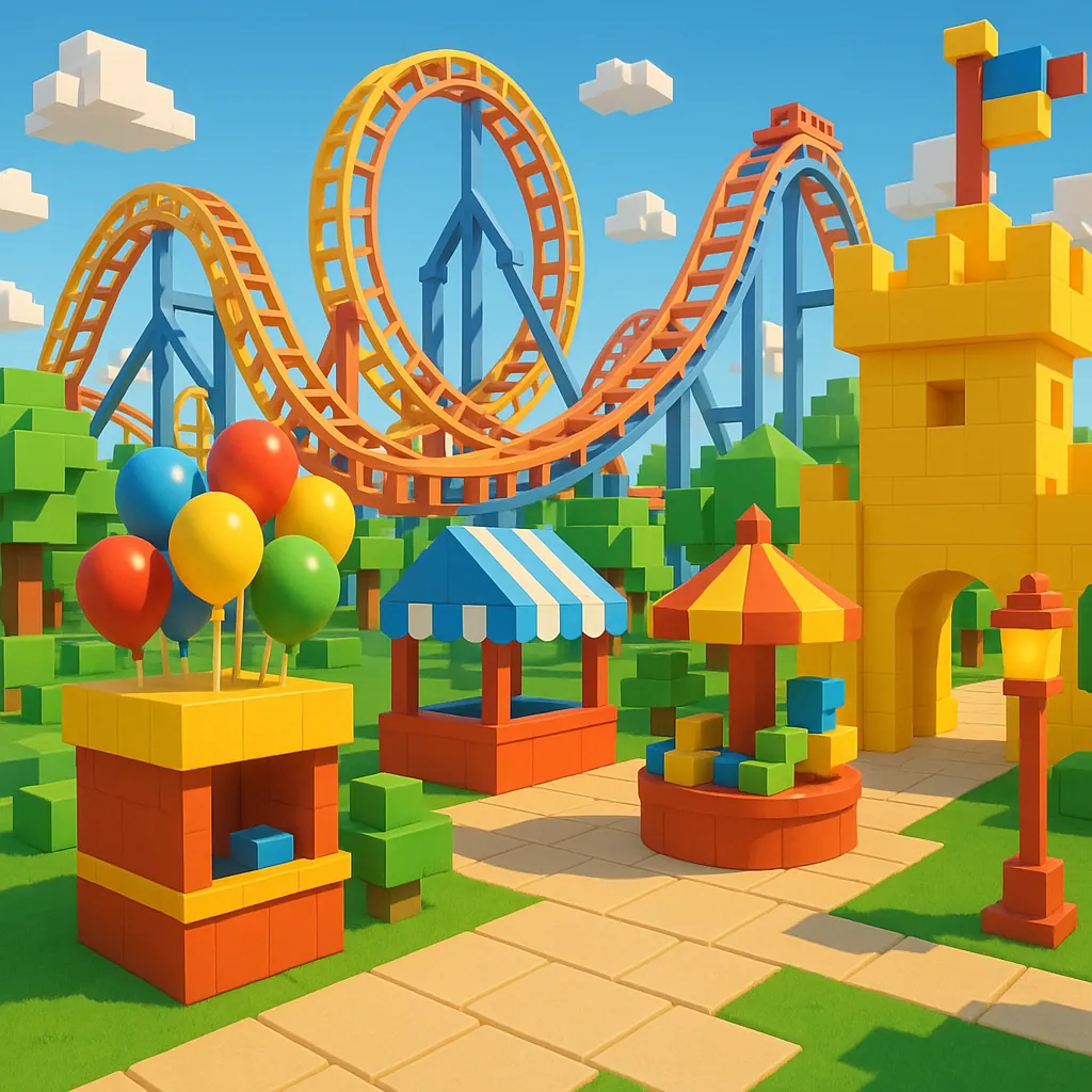 Discover a puzzle with a cheerful, toy-block amusement park scene featuring looping orange roller coaster tracks against a bright blue sky, a sunny yellow castl