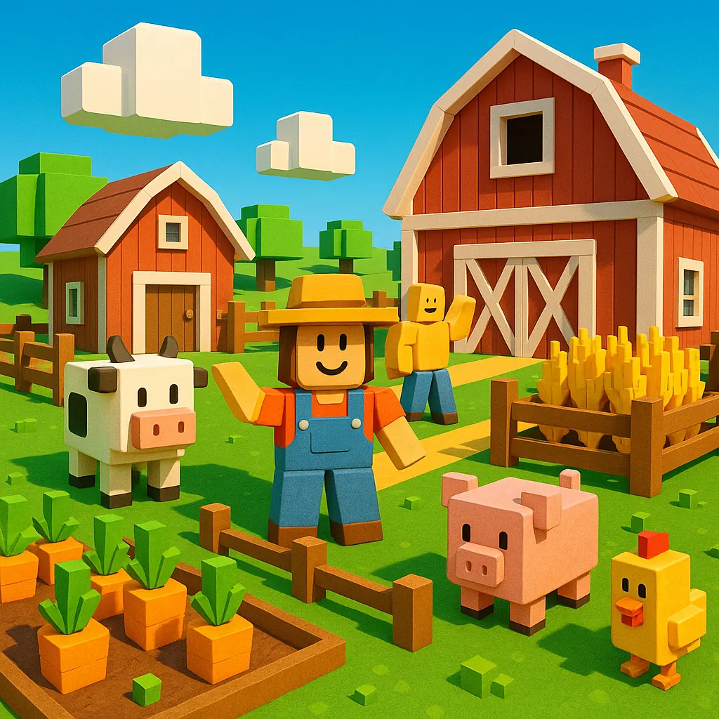 Discover a puzzle with a cheerful, blocky farm scene featuring a red barn, a smiling farmer in overalls, and friendly animals — a cow, pig, and chick — set amon