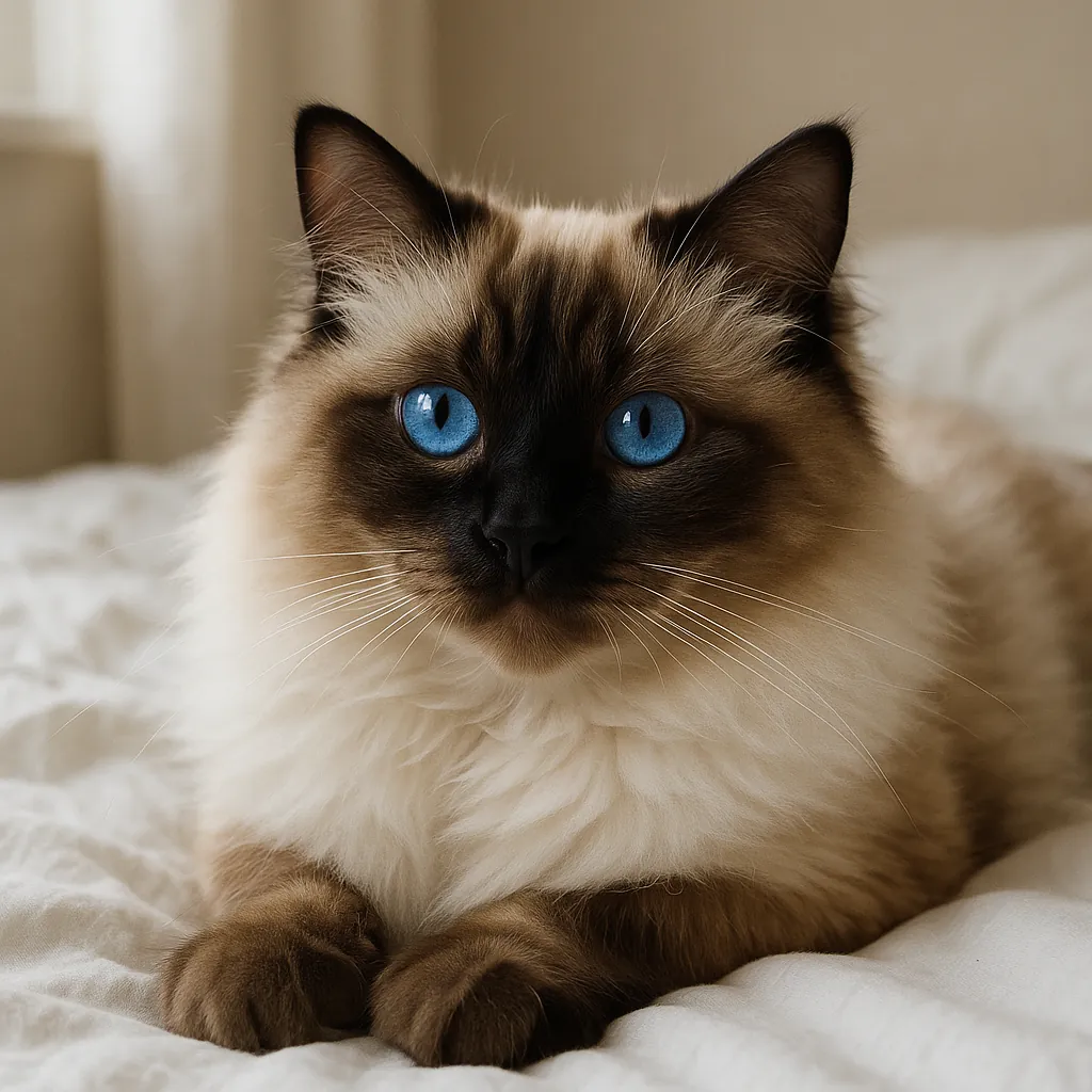 Discover a puzzle with a close-up of a fluffy cat resting on soft white bedding, its creamy fur and warm brown points contrasting beautifully with striking, viv