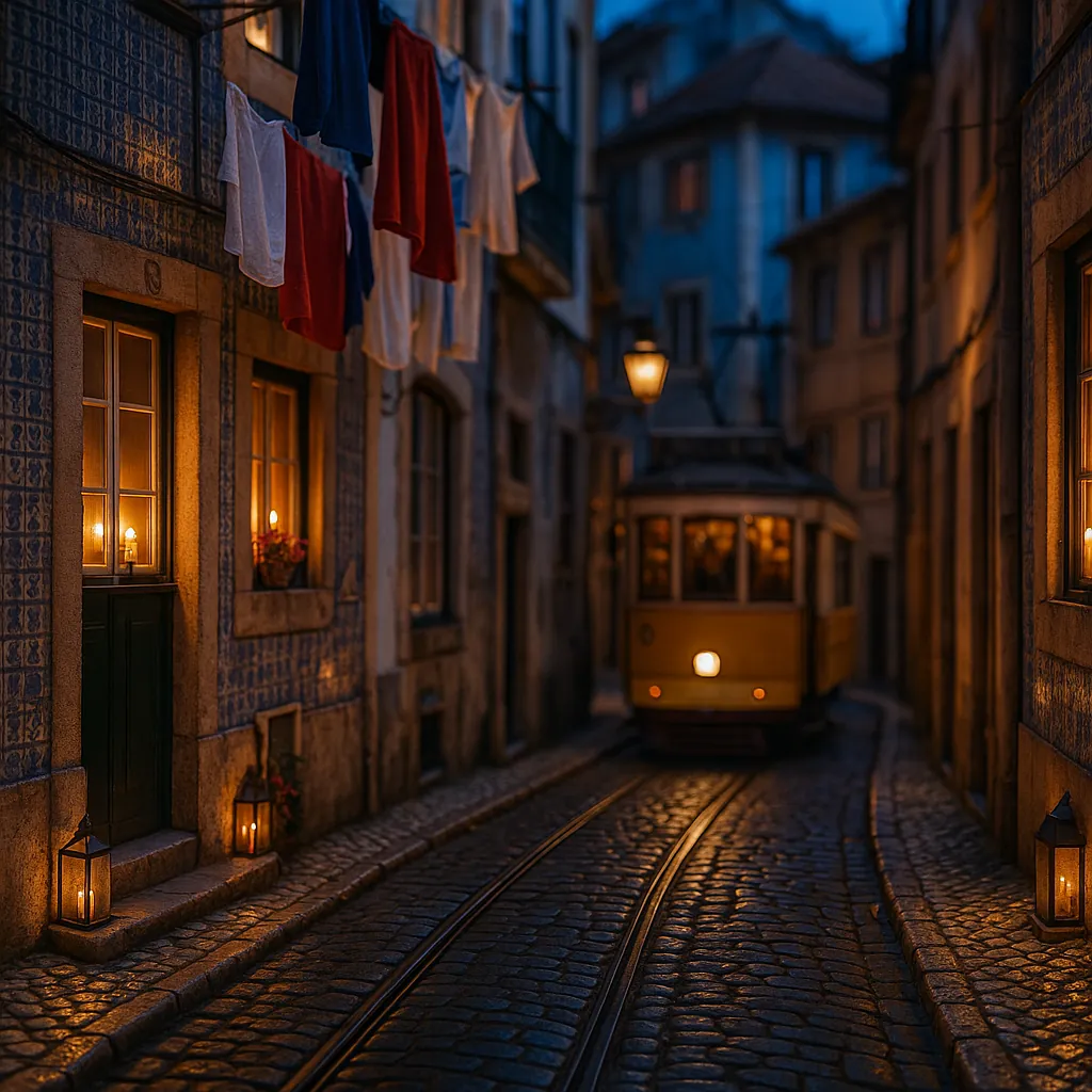 Discover a puzzle with a cozy, twilight street scene: a narrow cobblestone alley lined with warm, lantern-lit windows and patterned tile facades, a vintage yell