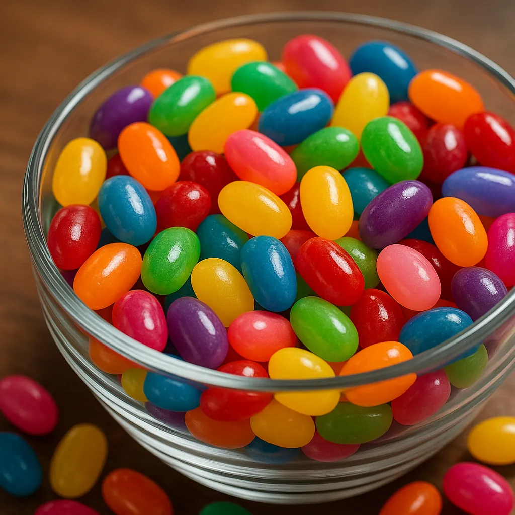 Discover a puzzle with a close-up view of a glass bowl overflowing with glossy, rainbow-colored jelly beans — bright reds, oranges, yellows, greens, blues, purp