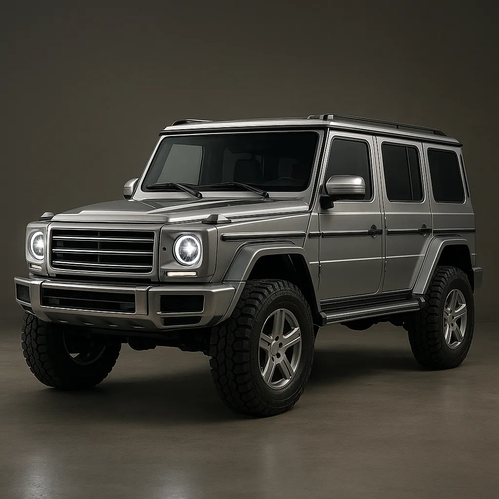 Discover a puzzle with a sleek silver off‑road SUV captured in studio lighting, featuring a boxy body, rugged tires, and glowing round headlights against a soft