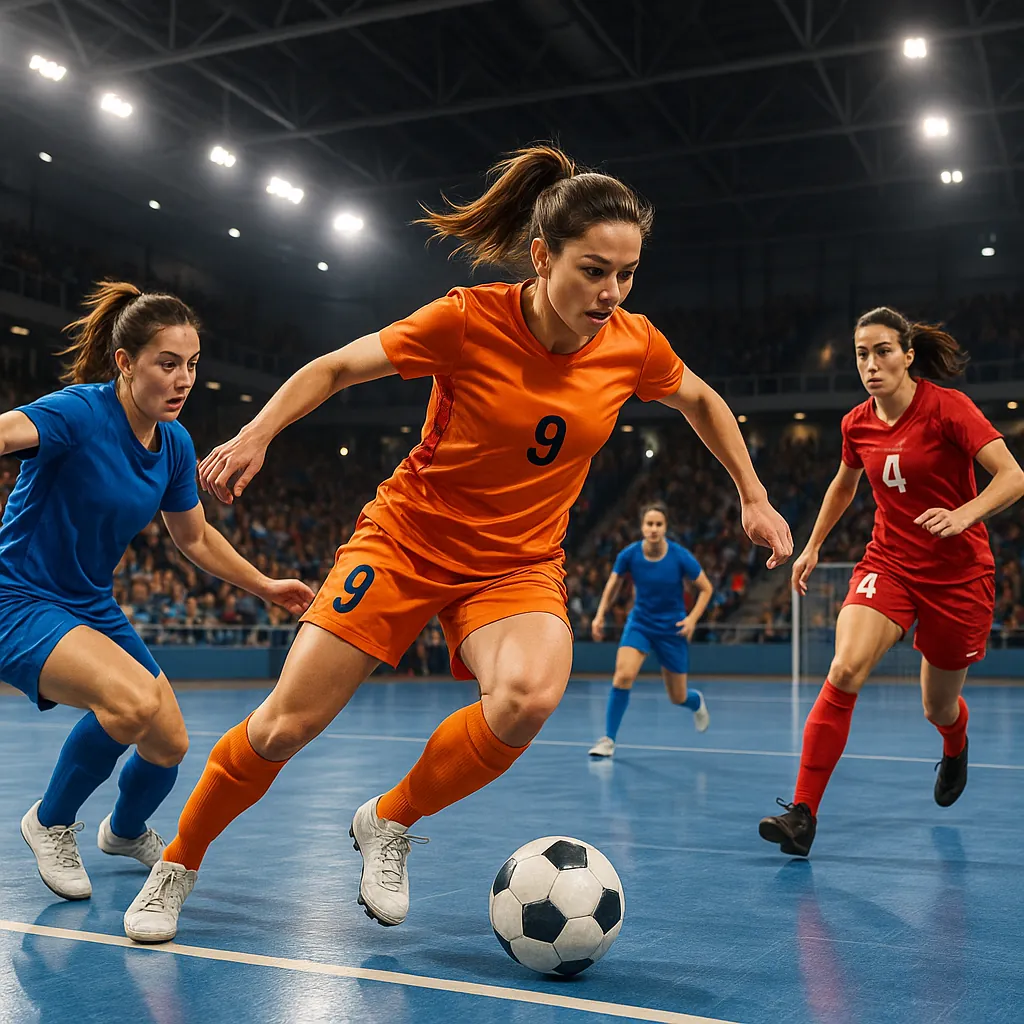 Discover a puzzle with a dynamic indoor soccer moment showing a determined player in bright orange dribbling past opponents in blue and red under arena lights.