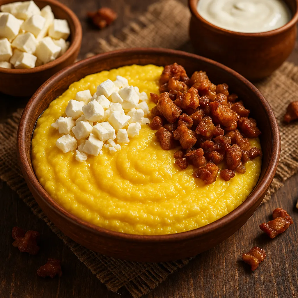 Enjoy assembling a puzzle depicting a warm, rustic bowl of creamy yellow polenta topped with soft white cheese cubes and golden-brown crispy bacon bits.