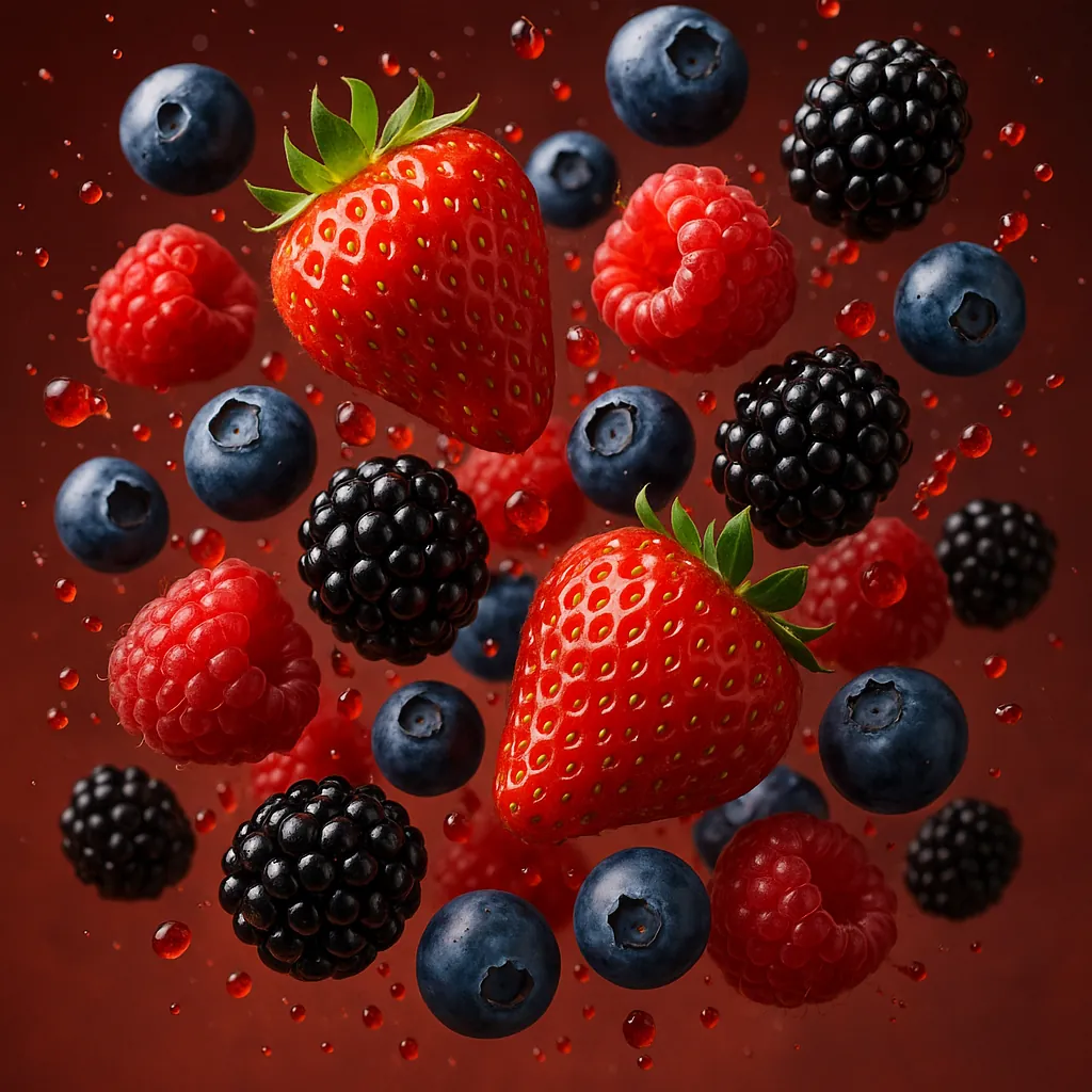 Enjoy assembling a puzzle depicting a vibrant cascade of summer berries — glossy strawberries, plump blueberries, juicy raspberries, and shiny blackberries susp