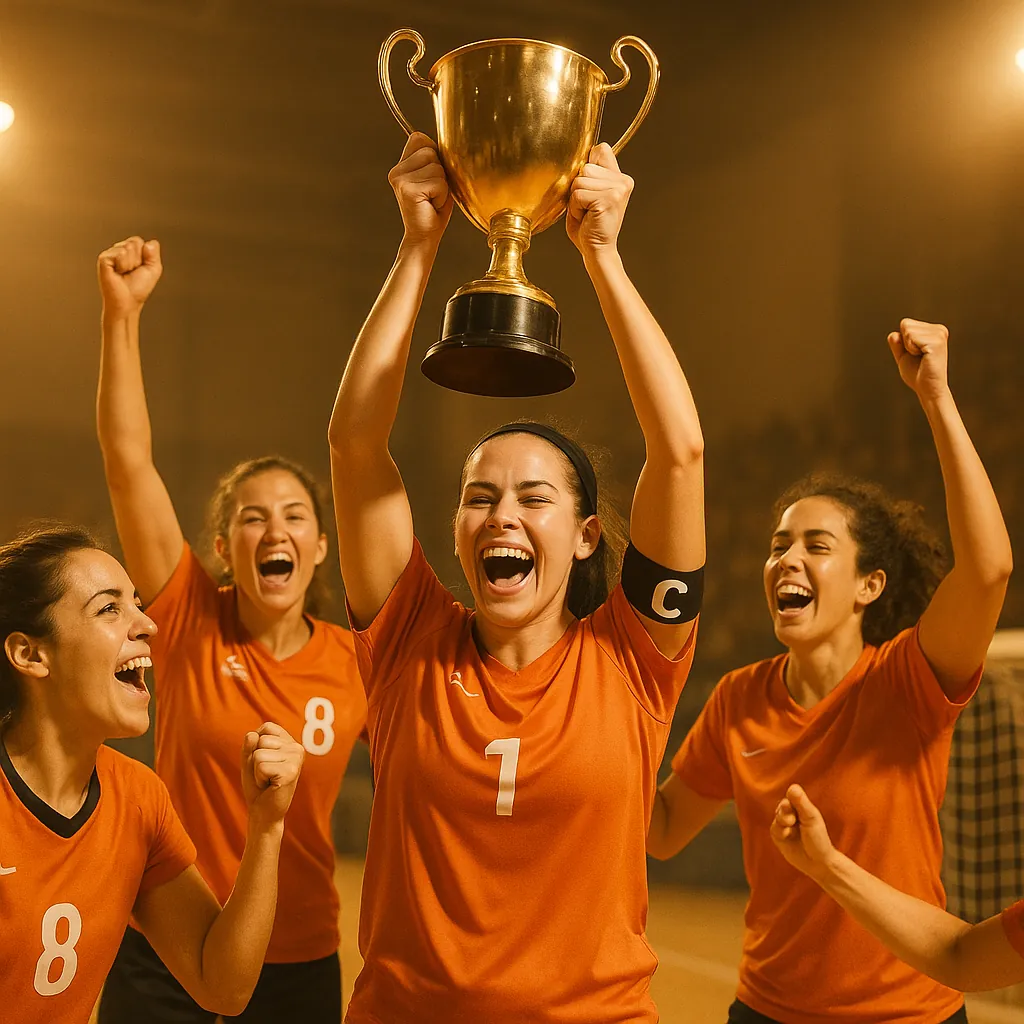Enjoy assembling a puzzle depicting a triumphant sports team celebrating as their captain lifts a gleaming gold trophy high above her head.