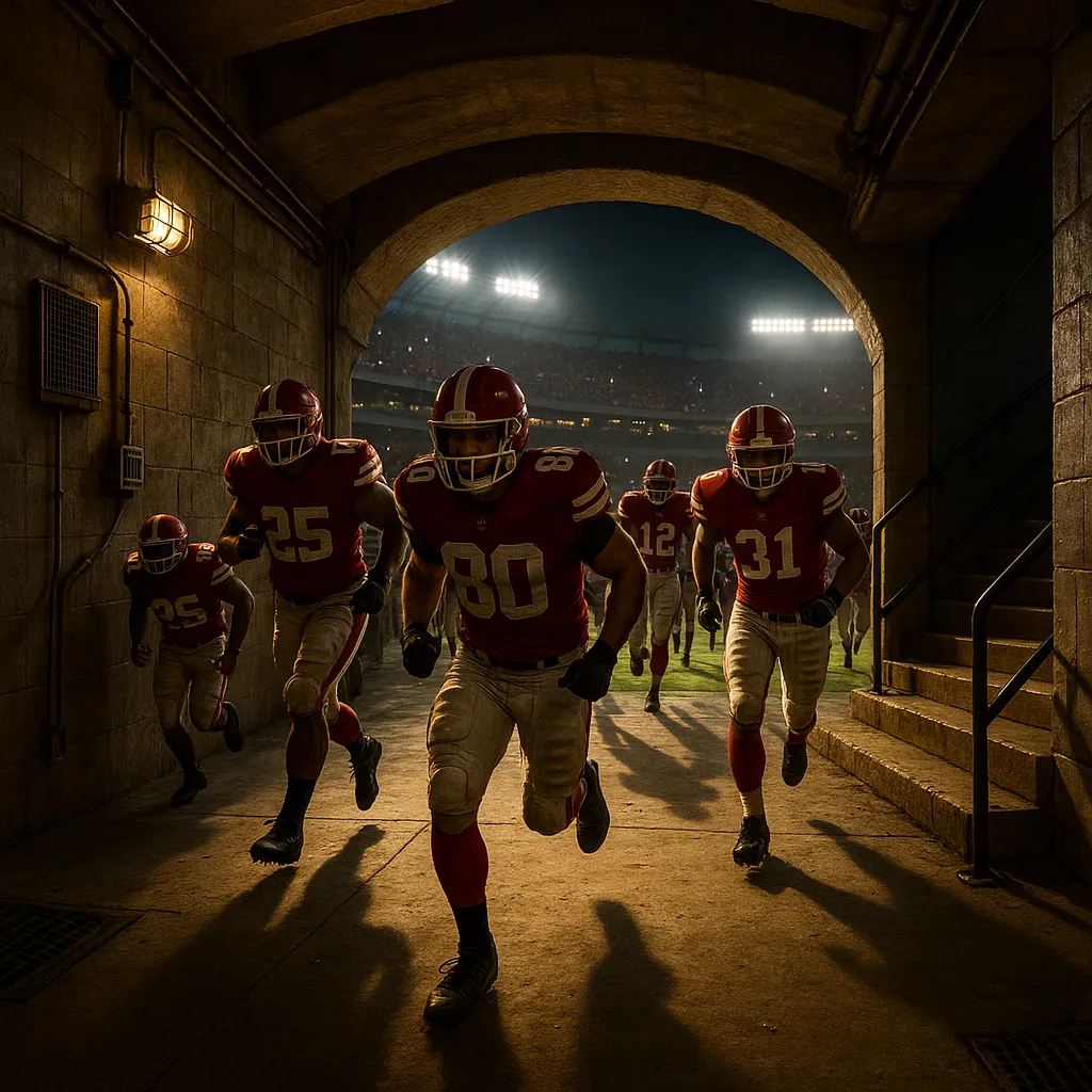 Discover a puzzle with a dramatic scene of football players bursting out of a shadowy tunnel into a floodlit stadium — bold red uniforms, scuffed white pants, a