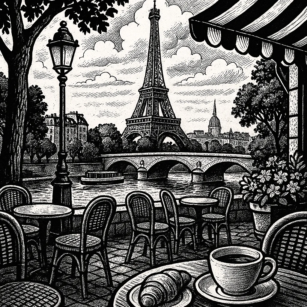 This intricate black-and-white illustration captures a quintessential Parisian café scene.