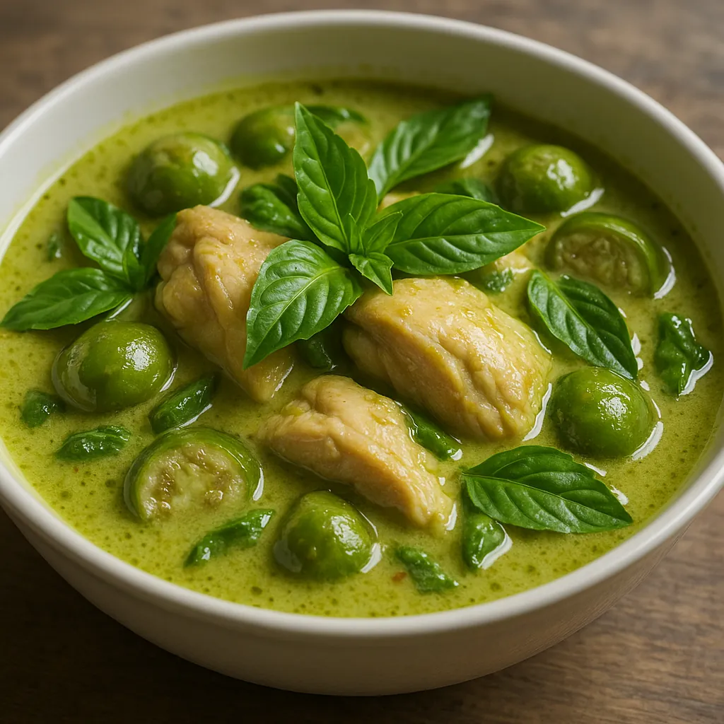 Discover a puzzle with a close-up of a steaming green curry bowl, featuring tender pieces of chicken, glossy green pea eggplants, and fresh basil leaves floatin