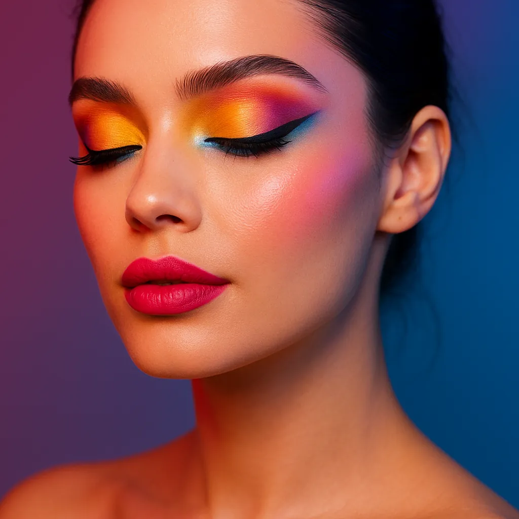 Discover a puzzle with a vivid close-up of a woman’s face showcasing bold, rainbow-inspired makeup.