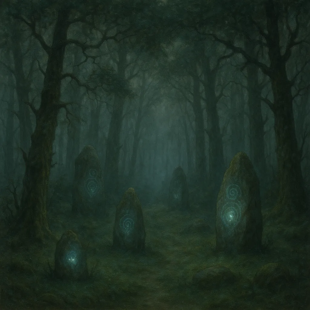 Discover a puzzle with a misty, enchanted forest scene where tall, shadowed trees frame a quiet clearing of mossy standing stones etched with soft, teal spiral