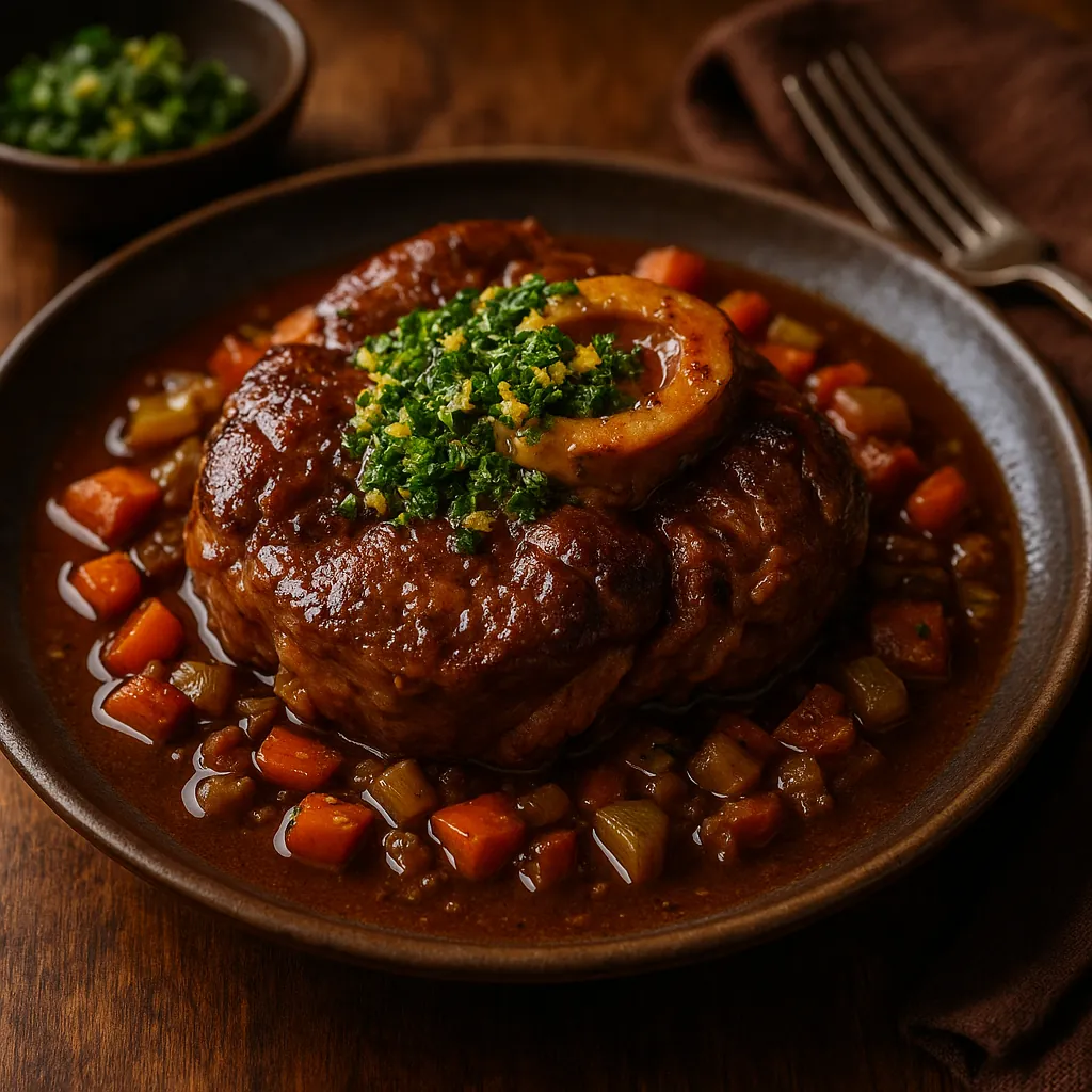 Discover a puzzle with a close-up of a rich osso buco served in a deep brown bowl, glossy braised meat and a marrow bone topped with chopped herbs, surrounded b