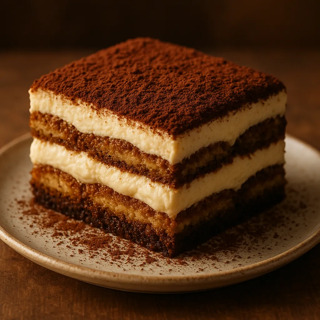 Discover a puzzle with a close-up slice of tiramisu: rich layers of coffee-soaked sponge and creamy mascarpone topped with a dusting of cocoa on a rustic plate.