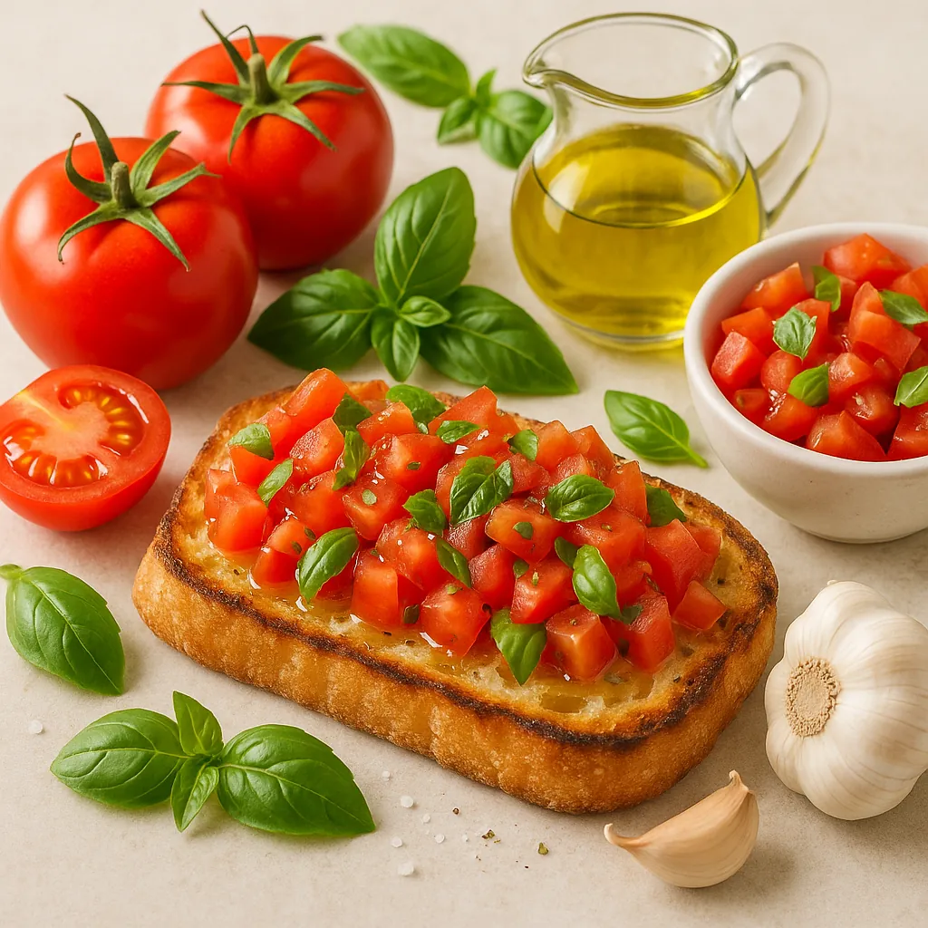 Enjoy assembling a puzzle depicting a bright bruschetta scene with ruby-red tomatoes, glossy green basil leaves, golden toasted bread, a glistening carafe of ol