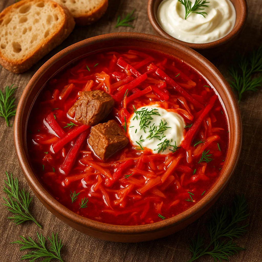 Discover a puzzle with a steaming bowl of homemade borscht: rich, ruby-red broth filled with shredded beets and cabbage, tender chunks of beef, and a creamy dol