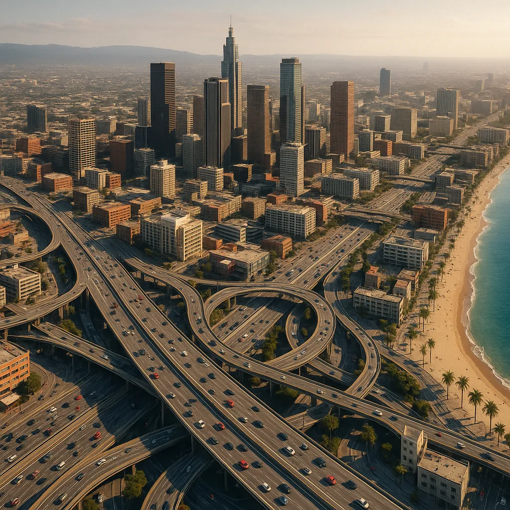 Discover a puzzle with a sweeping aerial view of a sunlit coastal city featuring a tangle of curving freeway interchanges leading into a cluster of modern skysc
