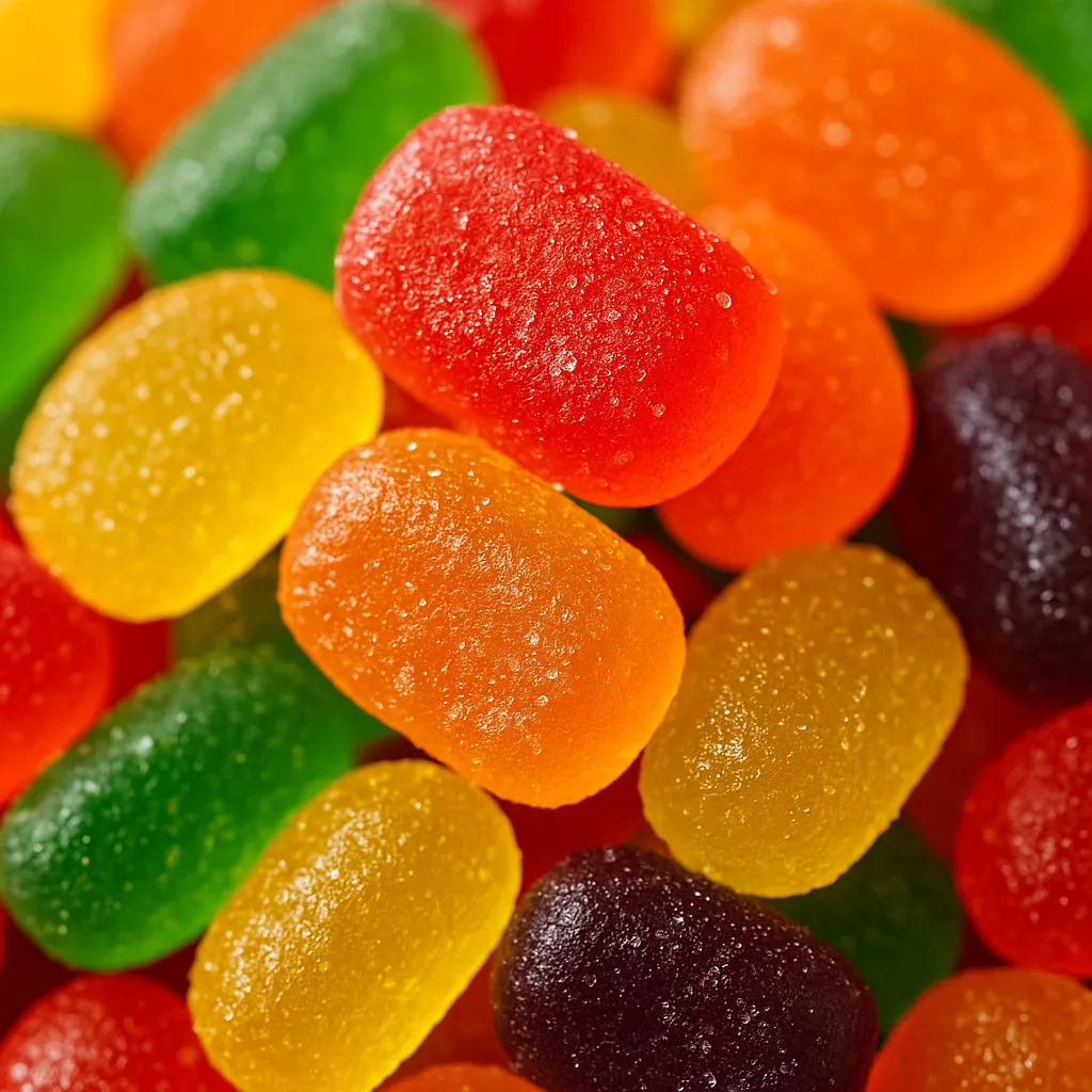 Discover a puzzle with a close-up of colorful gumdrops and soft, sugary textures that sparkle in bright reds, oranges, yellows, greens, and deep purple.