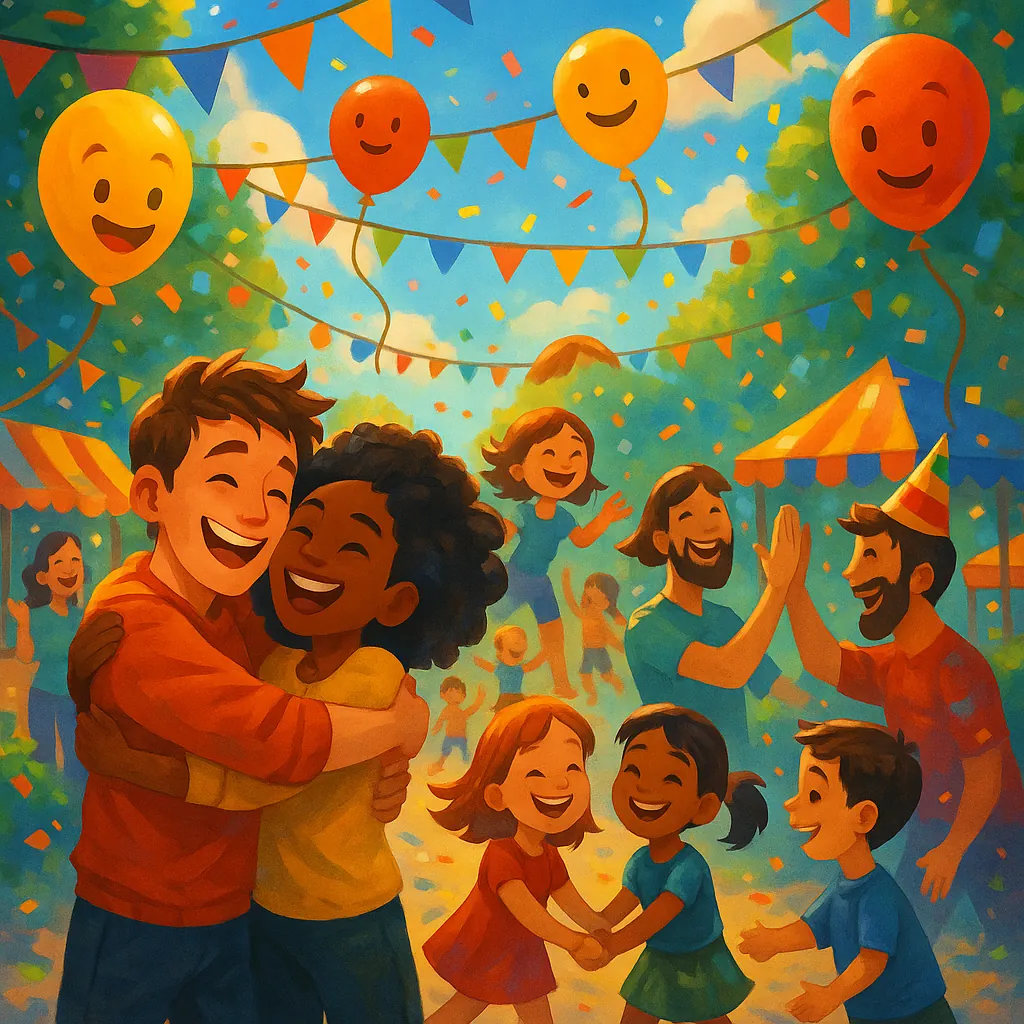 Enjoy assembling a puzzle depicting a cheerful community celebration in a sunlit park, with warm oranges, sunny yellows, sky blues, and festive confetti.