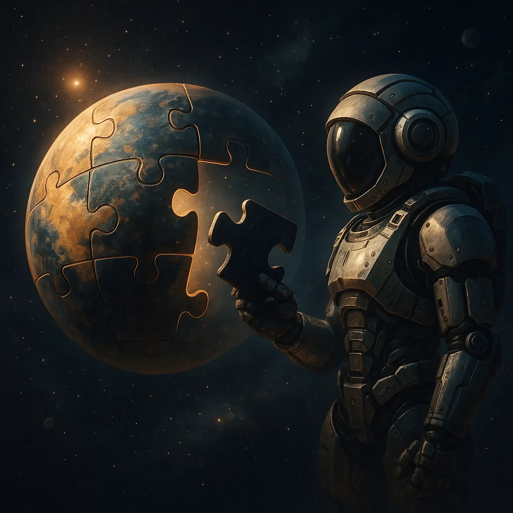 Discover a puzzle with a lone astronaut holding the final piece to a planet made of oversized jigsaw pieces, set against a star-filled cosmic backdrop.